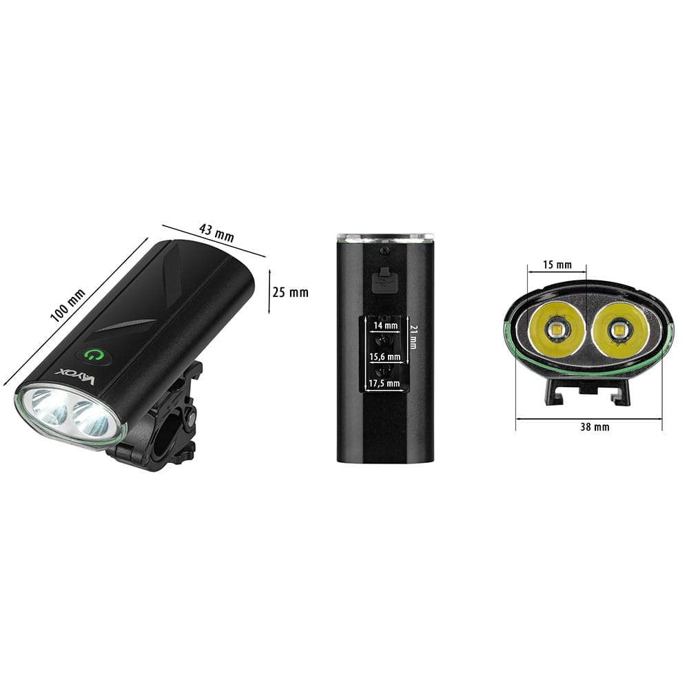 Czarna lampka rowerowa z wymiarami. Dwa światła, pomiary i przycisk zasilania.