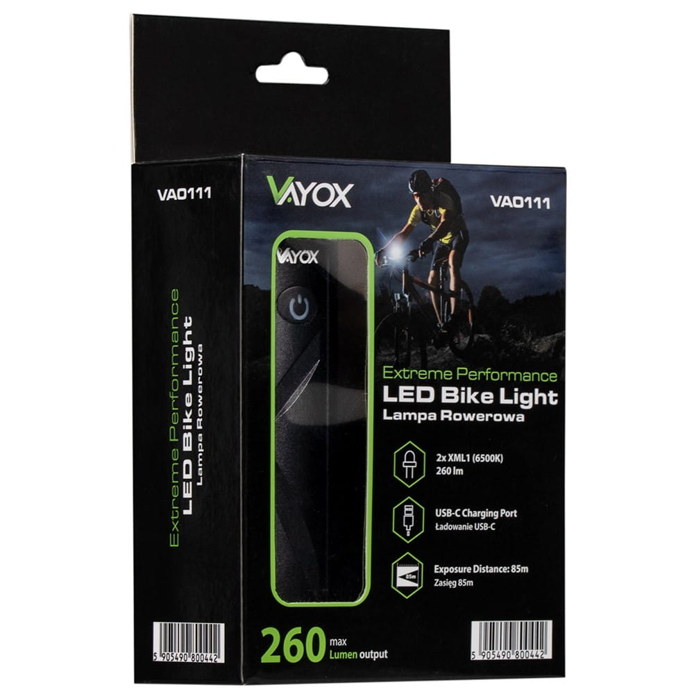 Czarne pudełko z logo Vayox, obrazem lampki rowerowej i szczegółami produktu.