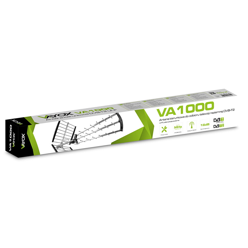 Pudełko anteny TV z tekstem i grafiką. Białe tło.