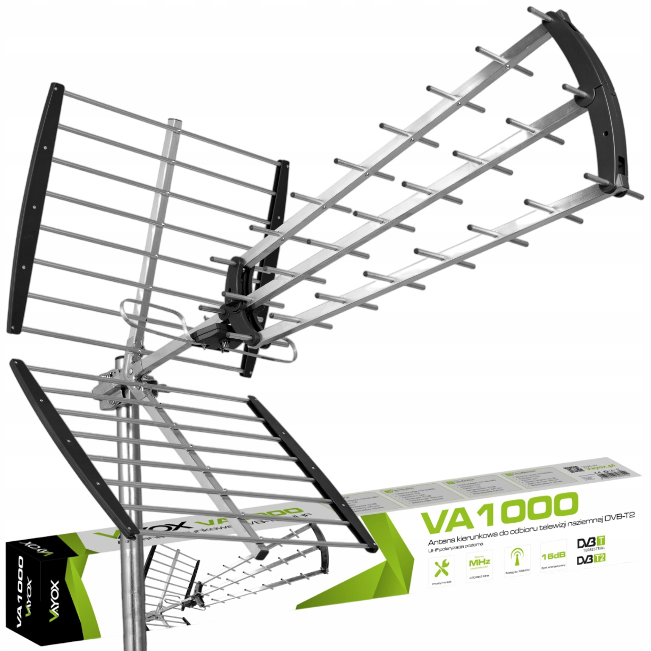 Antena TV z czarnymi i srebrnymi częściami oraz pudełko z tekstem i grafiką.