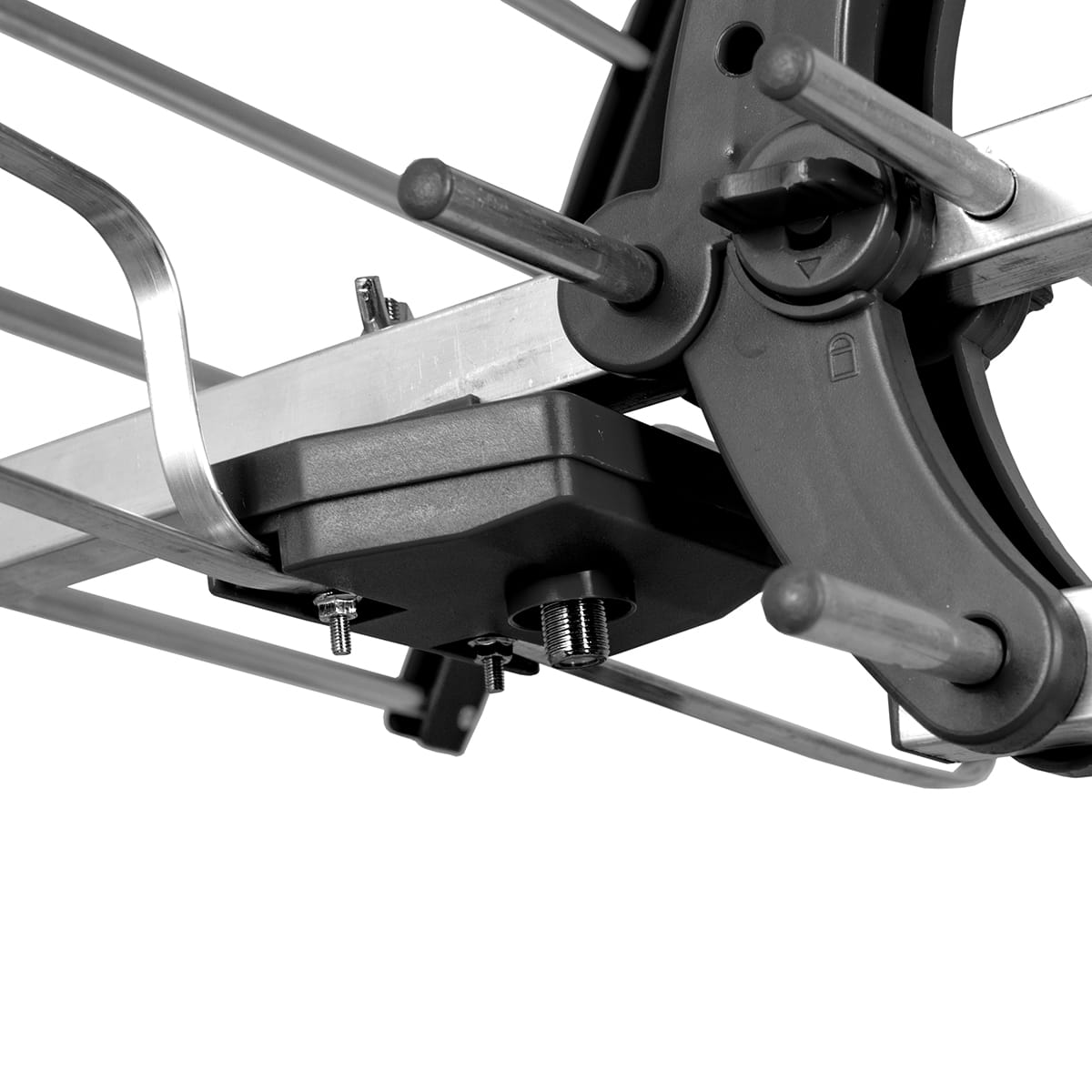 Zbliżenie podstawy i złączy anteny TV.