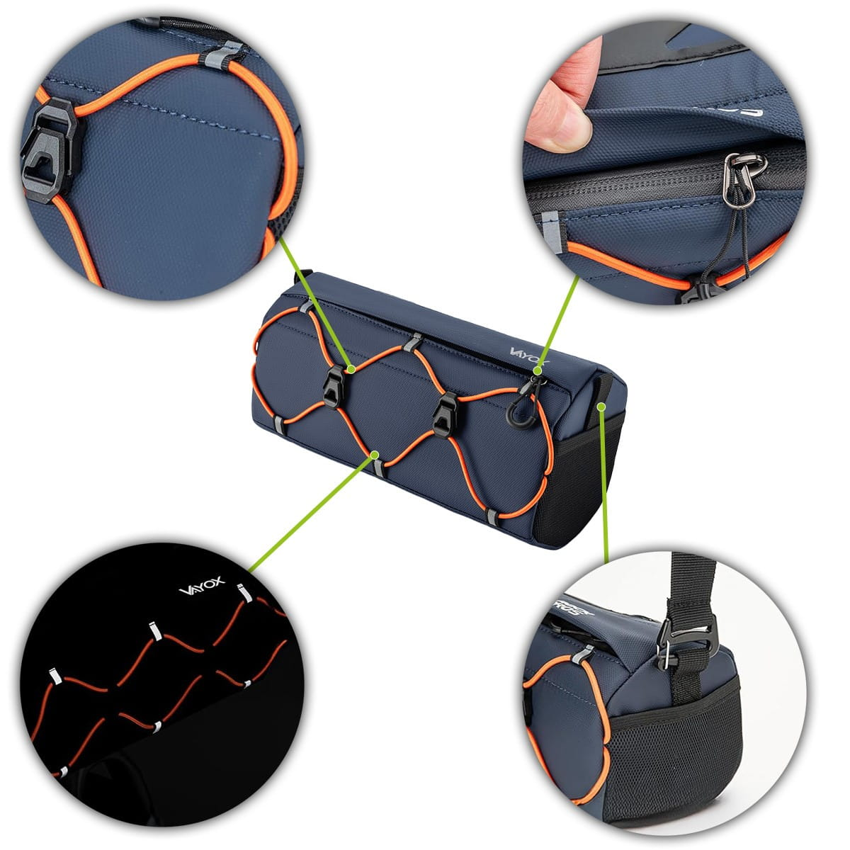 Zbliżenia pokazują niebieską torbę na kierownicę z pomarańczowymi sznurkami. Szczegóły klamer, zamka błyskawicznego i elementów odblaskowych.