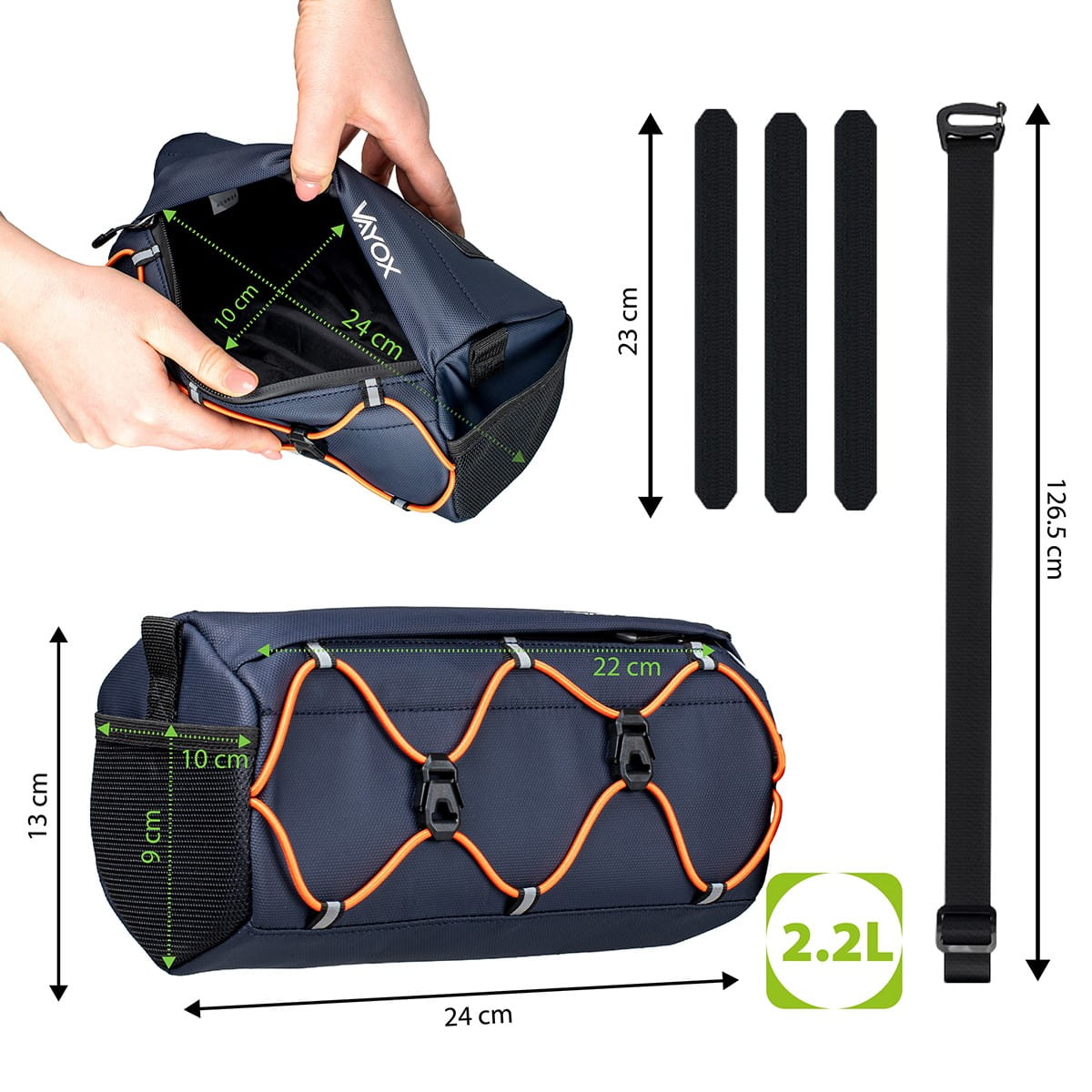 Ciemnoniebieska torba rowerowa z pomarańczowymi akcentami, z wymiarami.