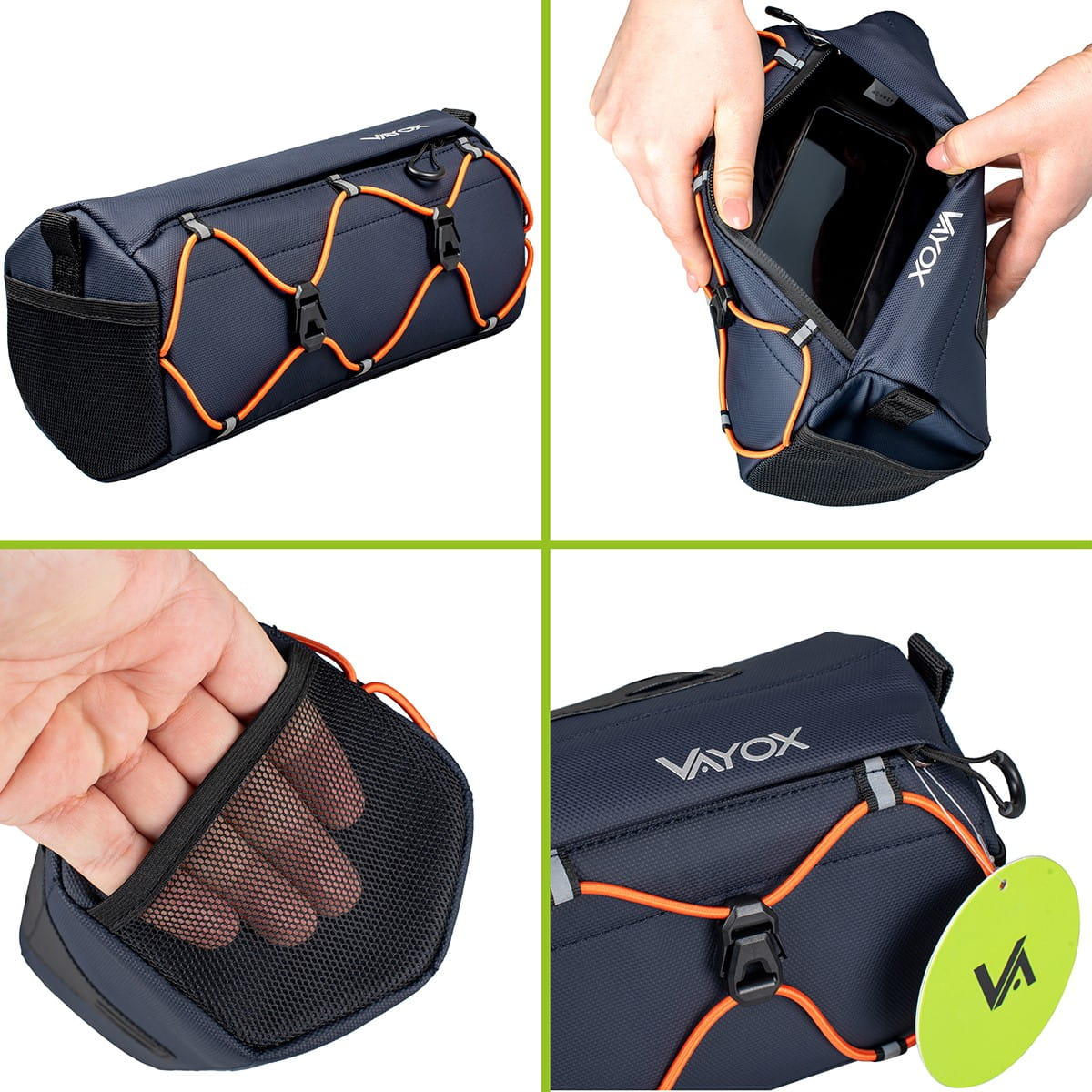 Wiele zdjęć pokazuje niebieską torbę na kierownicę z pomarańczowymi sznurkami i paskami. Szczegóły kieszeni i zamka błyskawicznego.