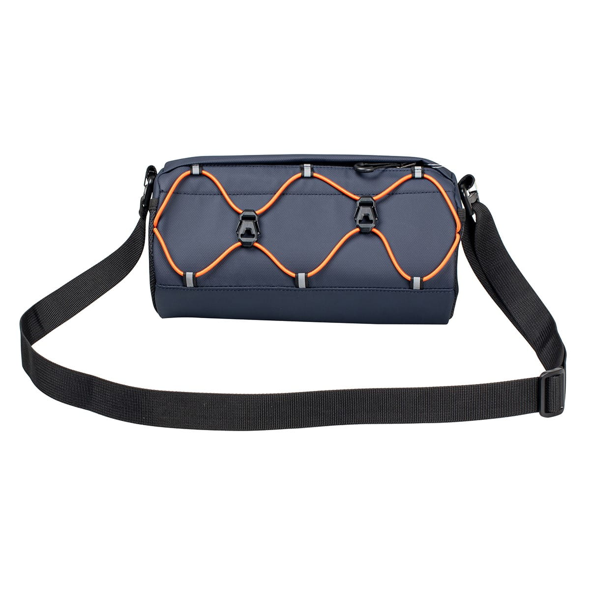 Niebieska torba na kierownicę z pomarańczowymi sznurkami i czarnym paskiem, widok z przodu.
