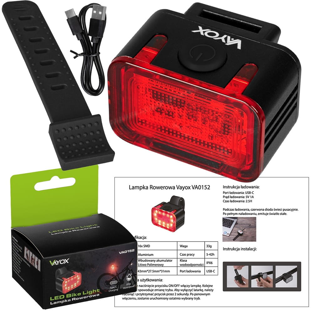 Czerwone światło LED do roweru z czarnym paskiem i pudełkiem z instrukcjami.