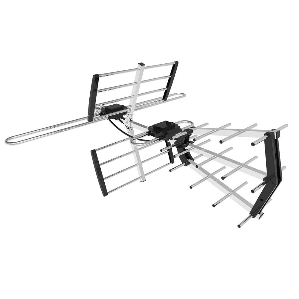 Wyświetlane elementy anteny TV, pokazujące srebrny metal i czarne plastikowe części.