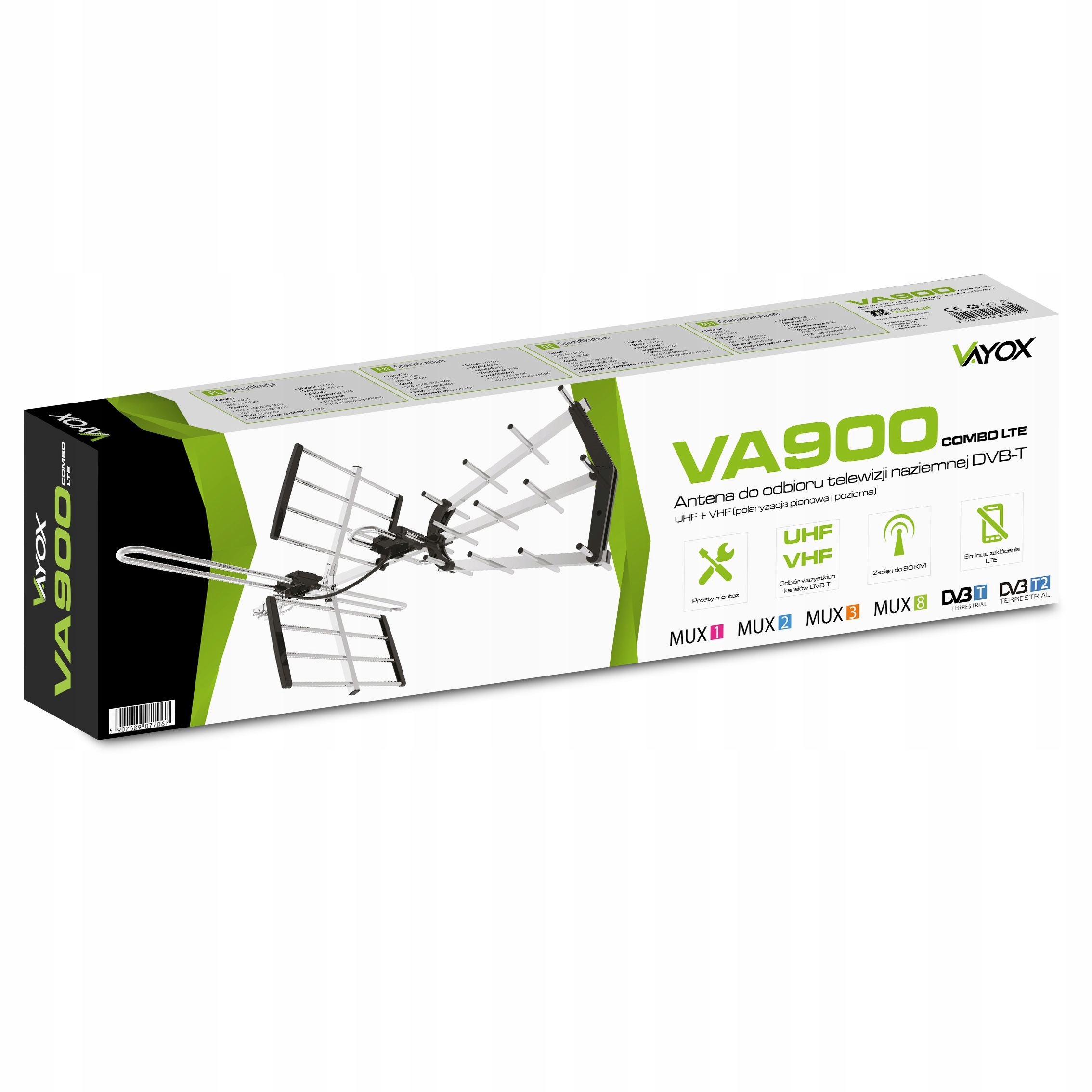 Pudełko anteny combo VA900. Zielono-biały design. Antena widoczna w pudełku.