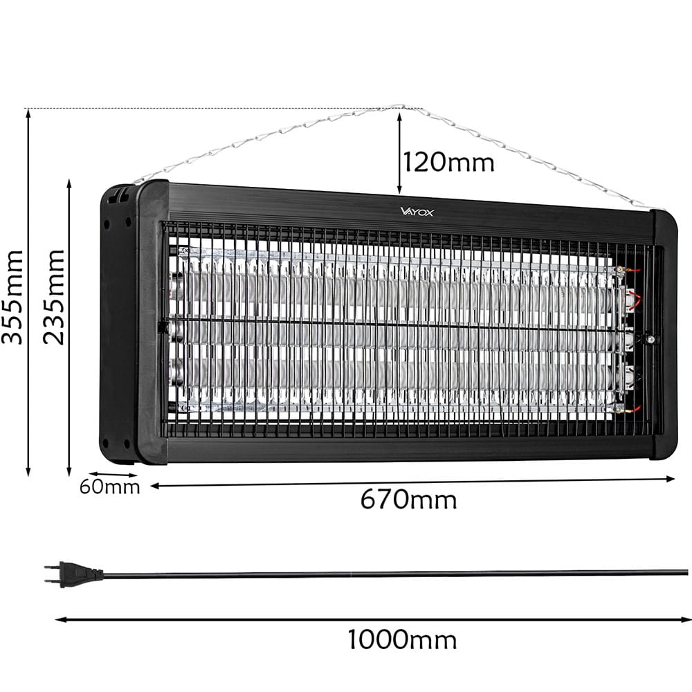 Czarny zabójca owadów ma wymiary. Wymiary to 355x670x60mm i przewód o długości 1000mm.