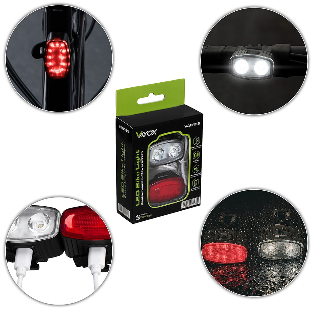 Światła rowerowe w opakowaniu i widokach indywidualnych. Zawiera światła przednie i tylne z ładowaniem USB.