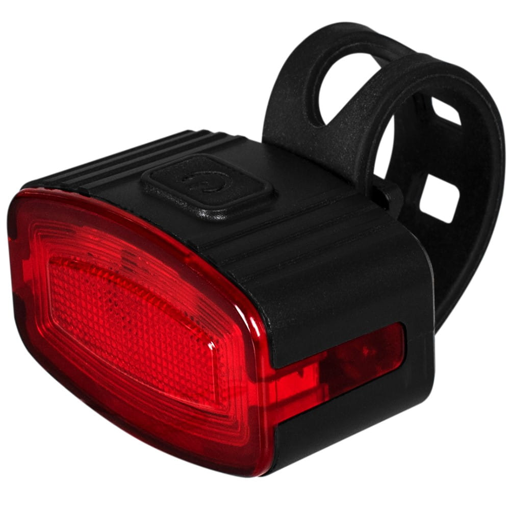 Czarne tylne światło rowerowe z czerwoną soczewką i czarnym paskiem mocującym.