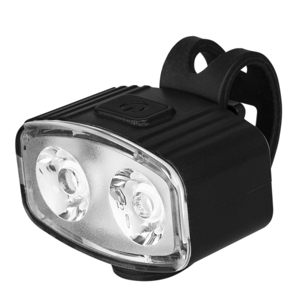 Czarne światło rowerowe z dwoma jasnymi diodami LED i uchwytem montażowym. Ma przezroczystą plastikową soczewkę.