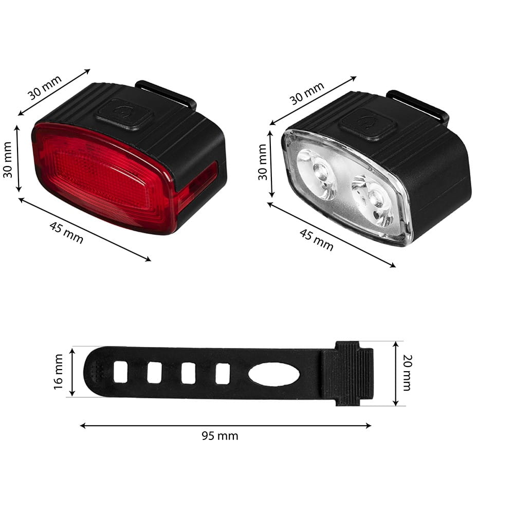 Widoczne jest białe i czerwone światło rowerowe z wymiarami oraz gumowy pasek z pomiarami.
