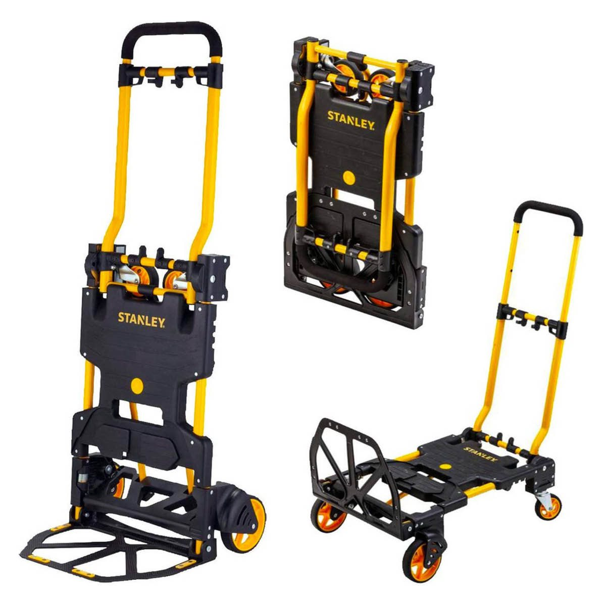 Three Stanley hand trucks: open, folded, and in use. All are black and yellow.