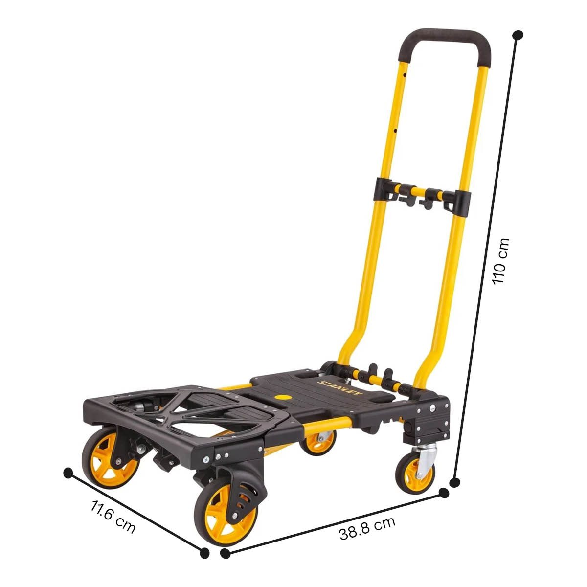 Stanley hand truck with dimensions: 110cm, 38.8cm, and 11.6cm. It's yellow and black.