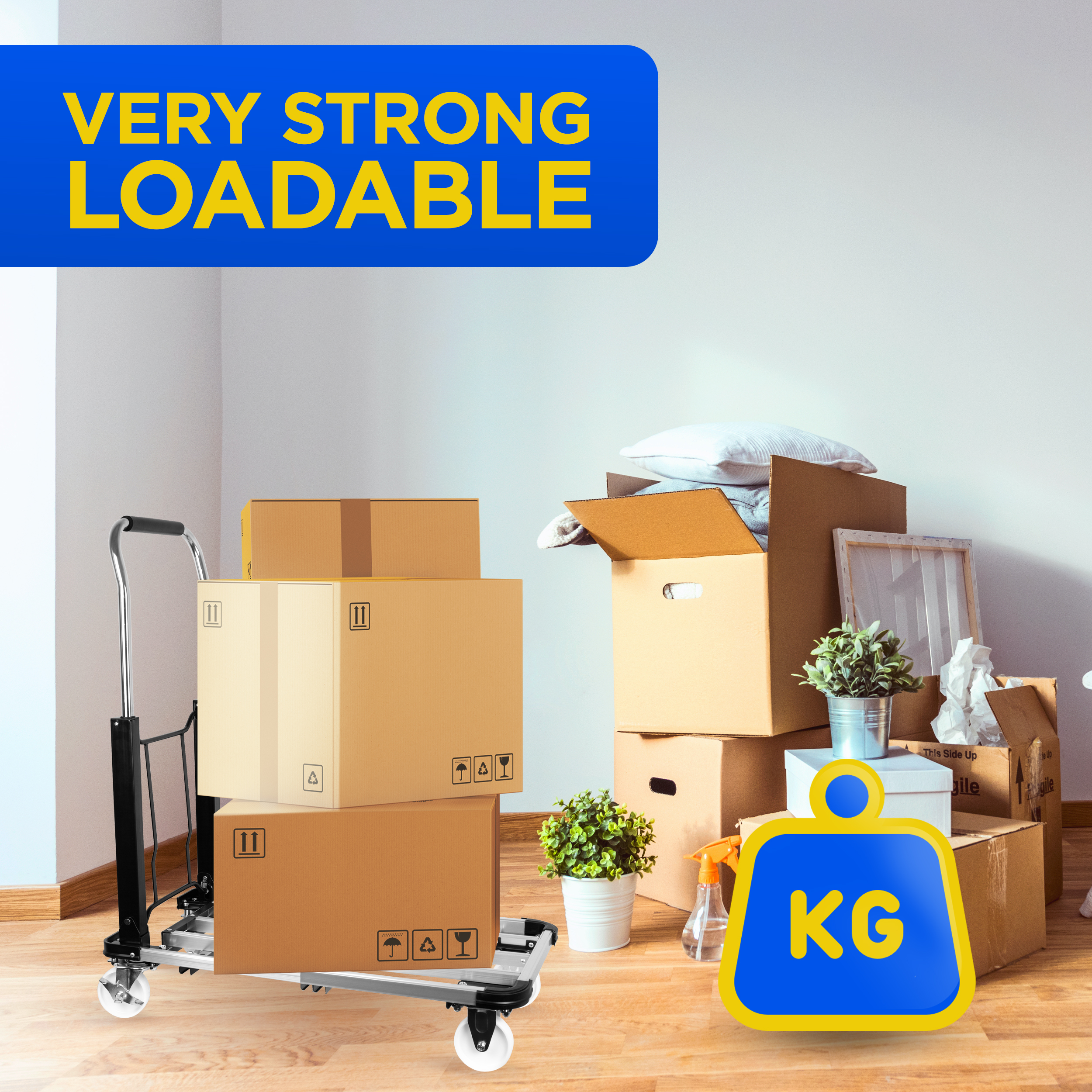 A hand truck with boxes and text 'VERY STRONG LOADABLE' and 'KG'.