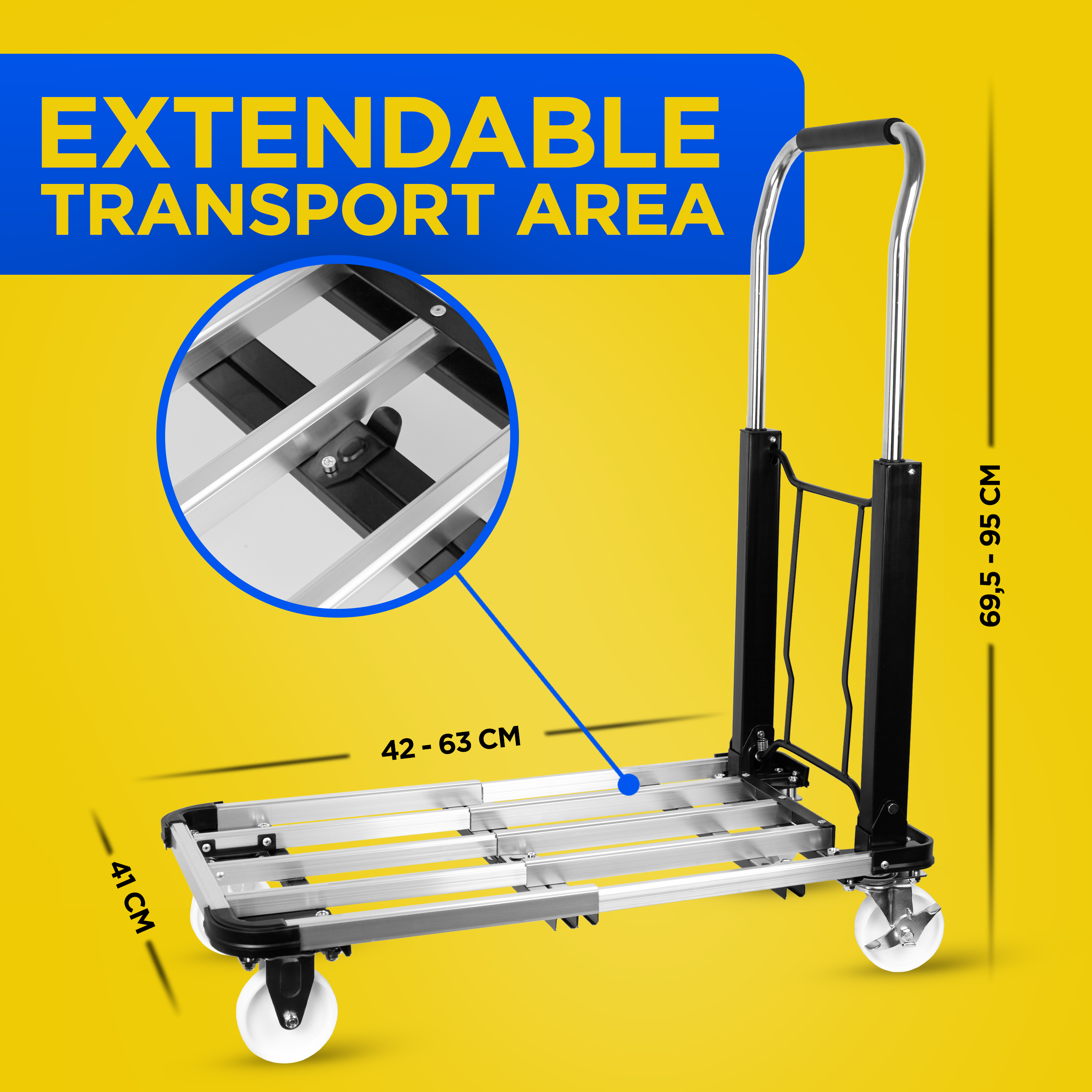 Hand truck with extendable transport area. Yellow background with black handle, white wheels.