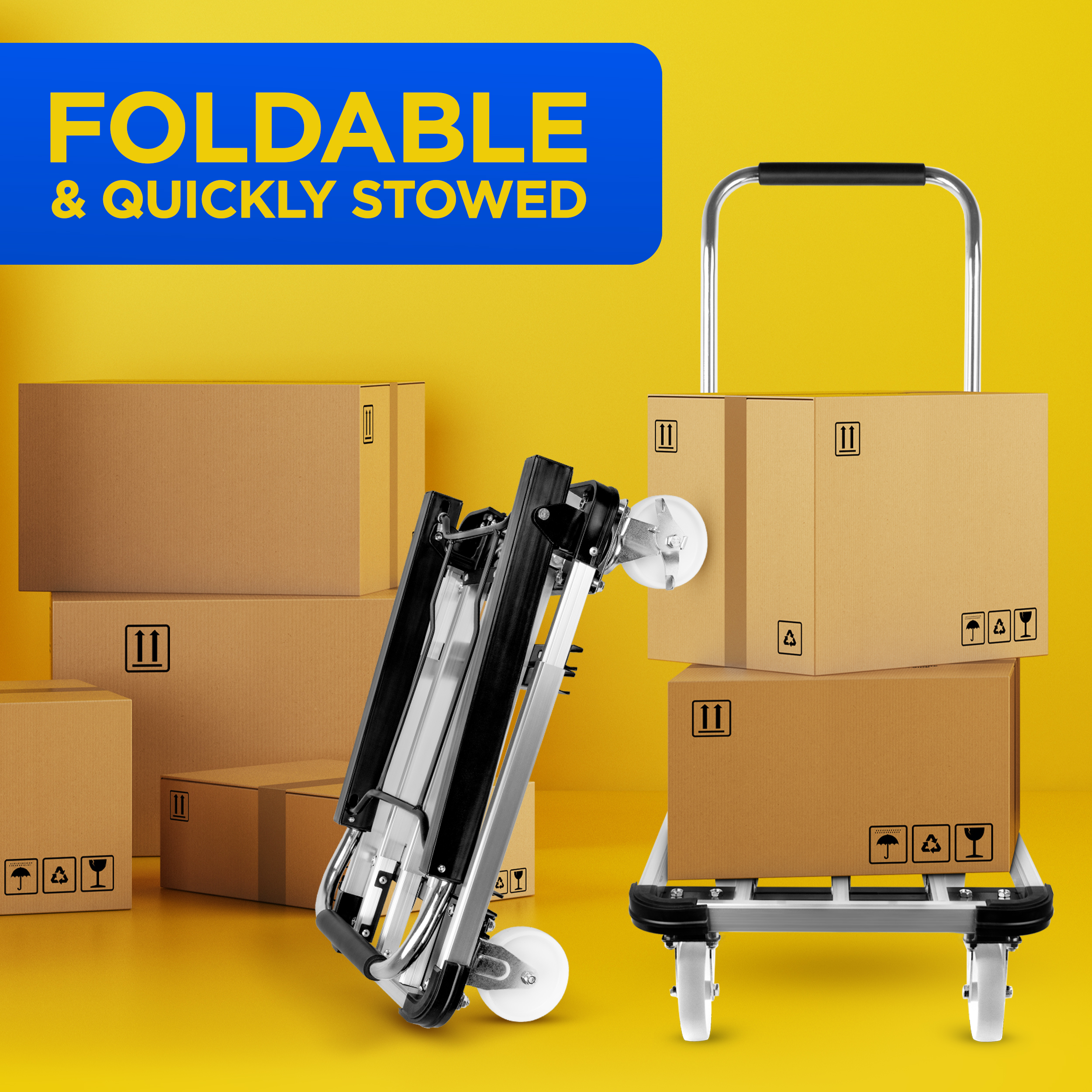 Hand truck folded and with boxes. Has a blue and yellow background.