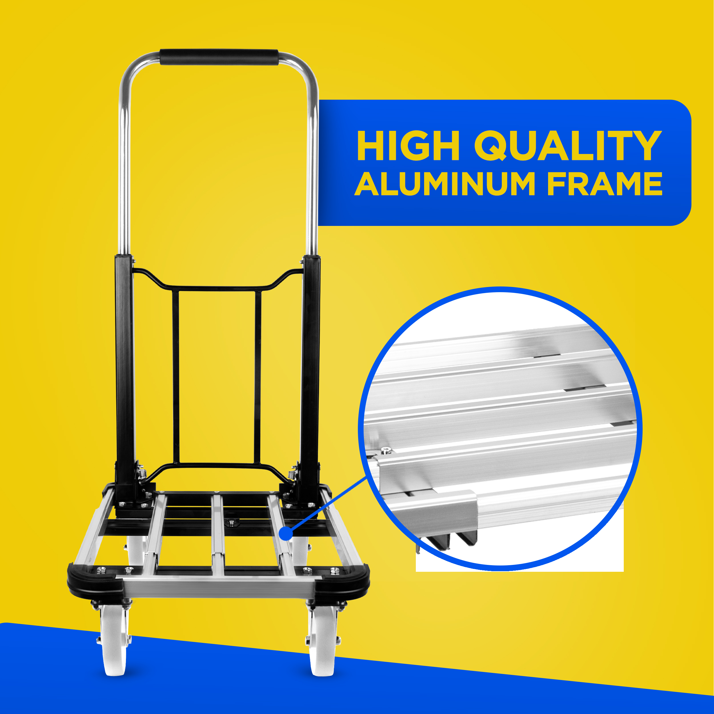 Aluminum frame hand truck with a blue and yellow background.