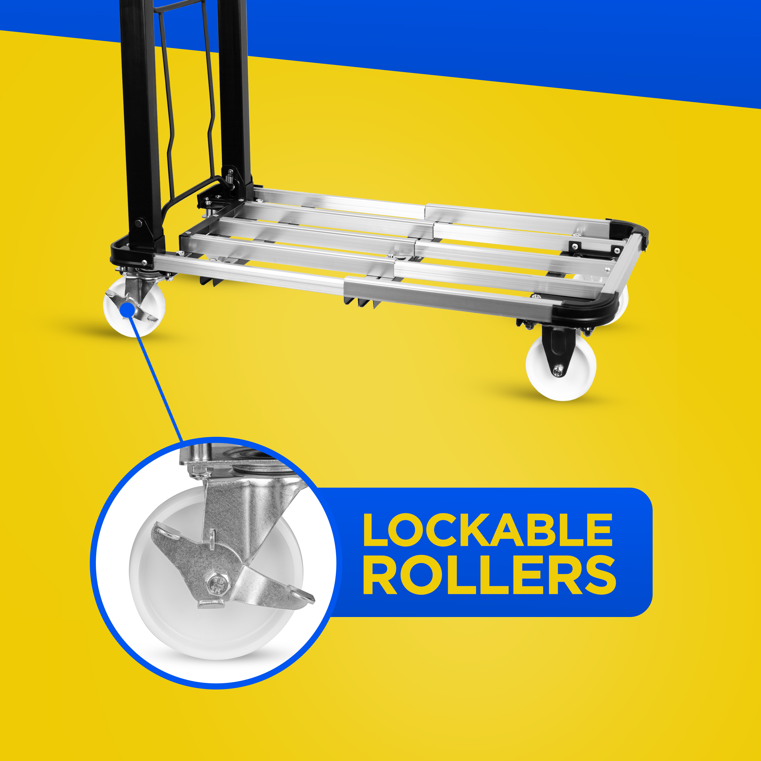Close up of hand truck wheel, lockable rollers. Blue and yellow background.