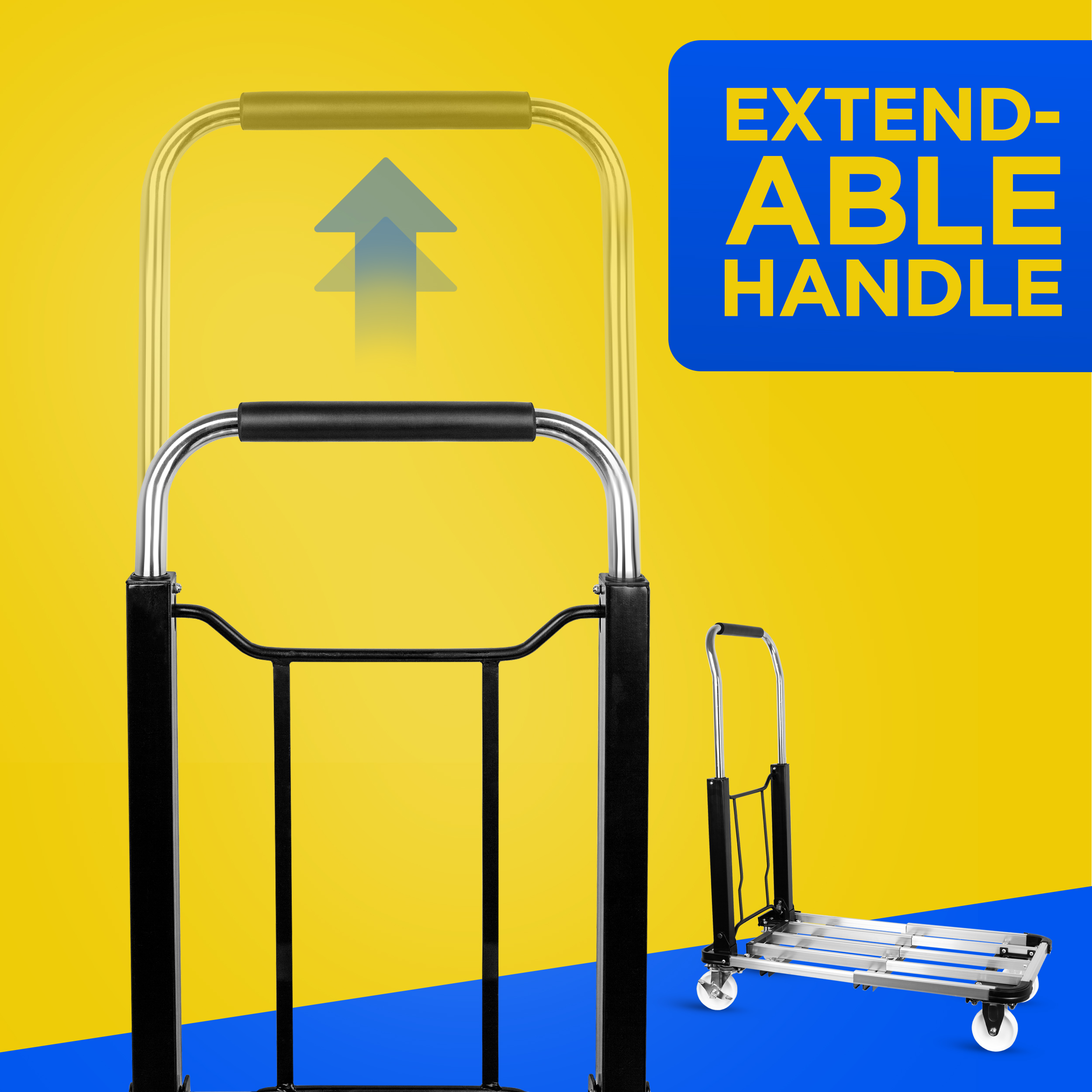 Hand truck with an extendable handle. Yellow and blue background.