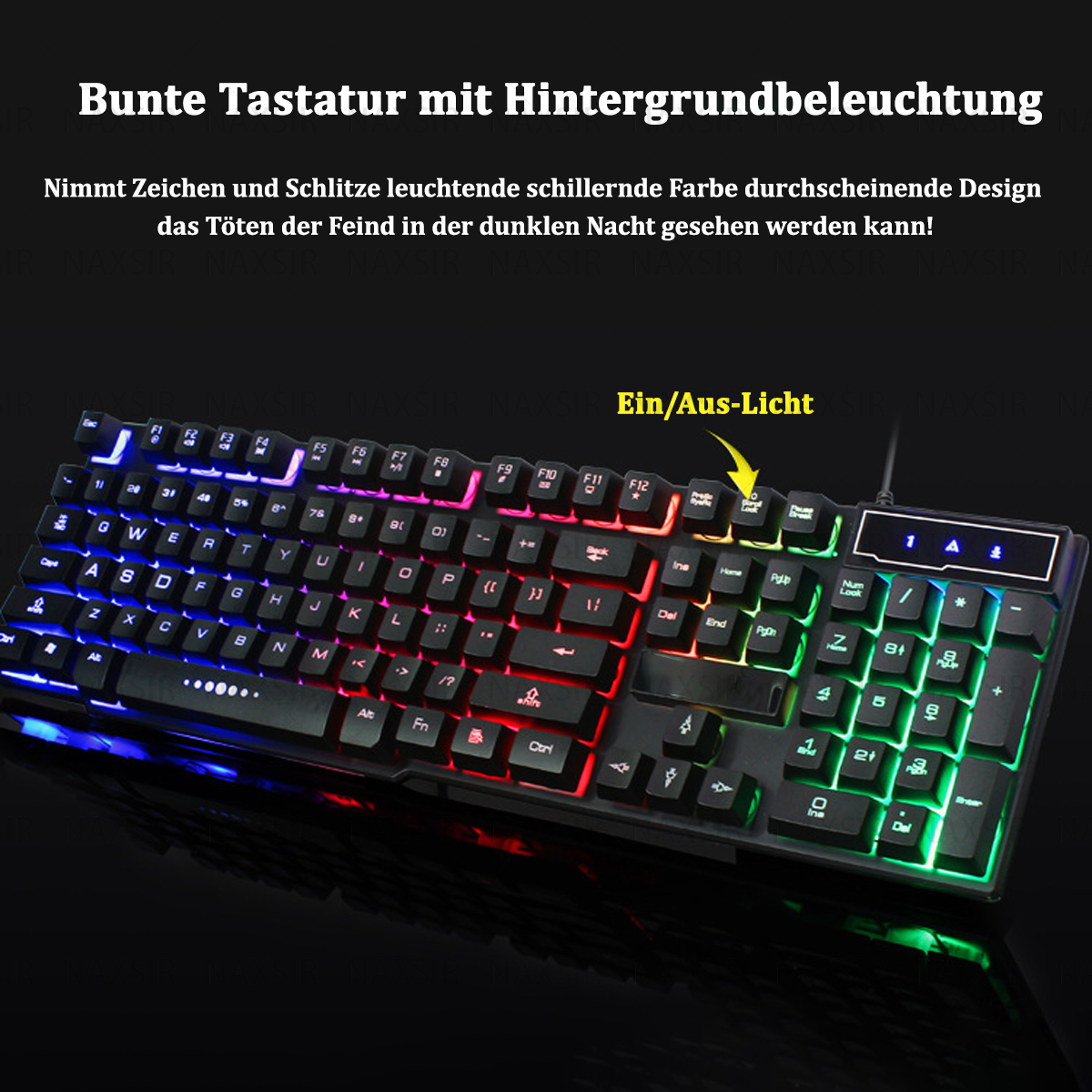 Schwarze Tastatur mit bunten, beleuchteten Tasten, Ein/Aus-Taste und Layout.
