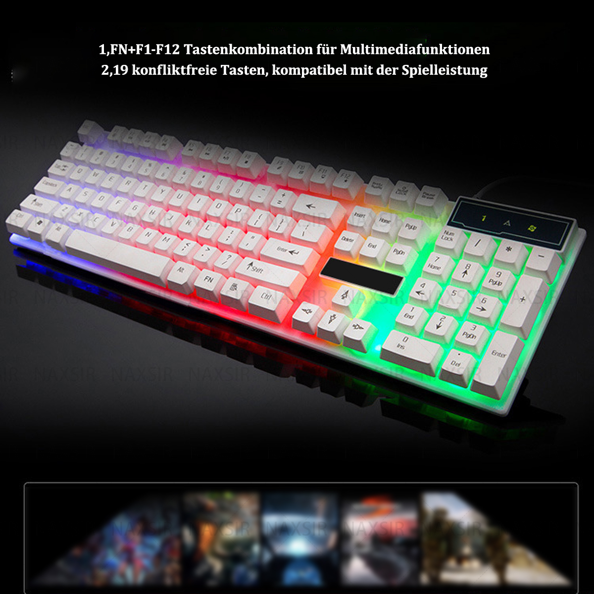 Weiß und bunt beleuchtete Tastatur mit schwarzem Hintergrund und verschwommenem Hintergrund.