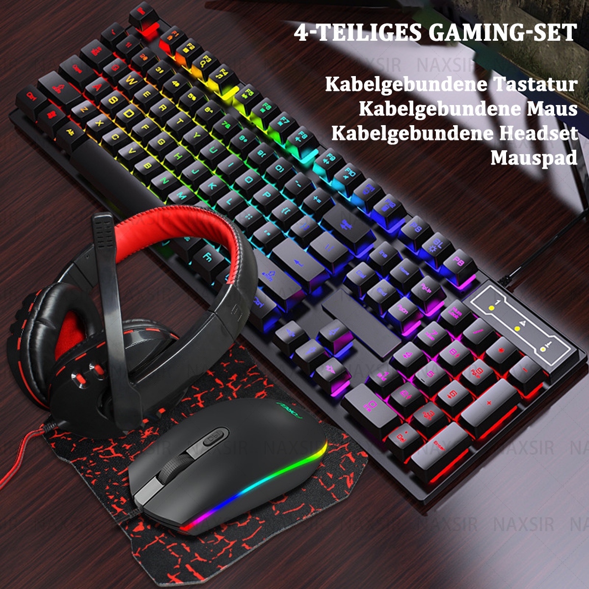 Gaming-Setup mit Regenbogen-beleuchteter Tastatur, Maus, Headset und Mauspad auf Holzoberfläche.