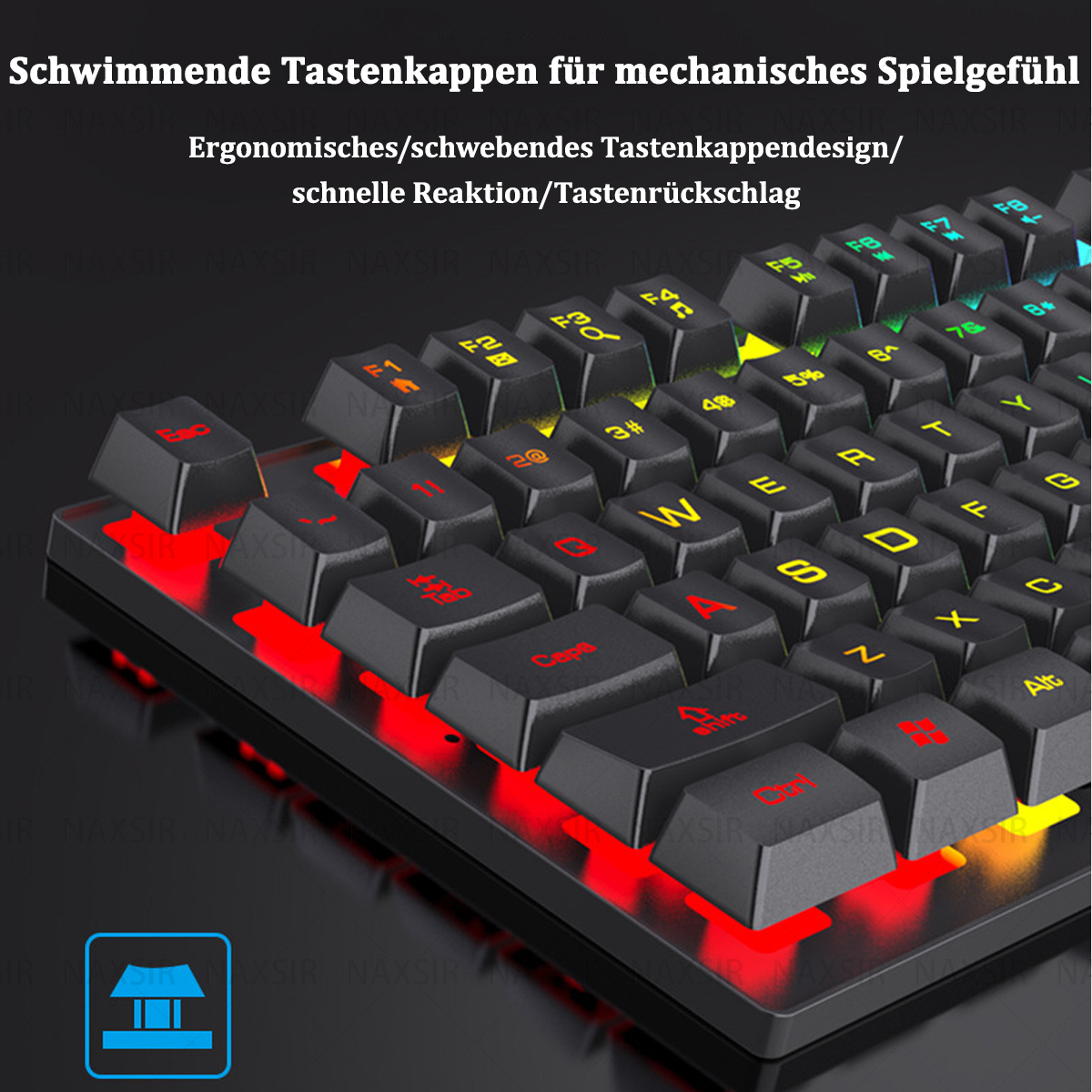 Nahaufnahme einer beleuchteten Gaming-Tastatur mit roten, gelben und blauen Lichtern.