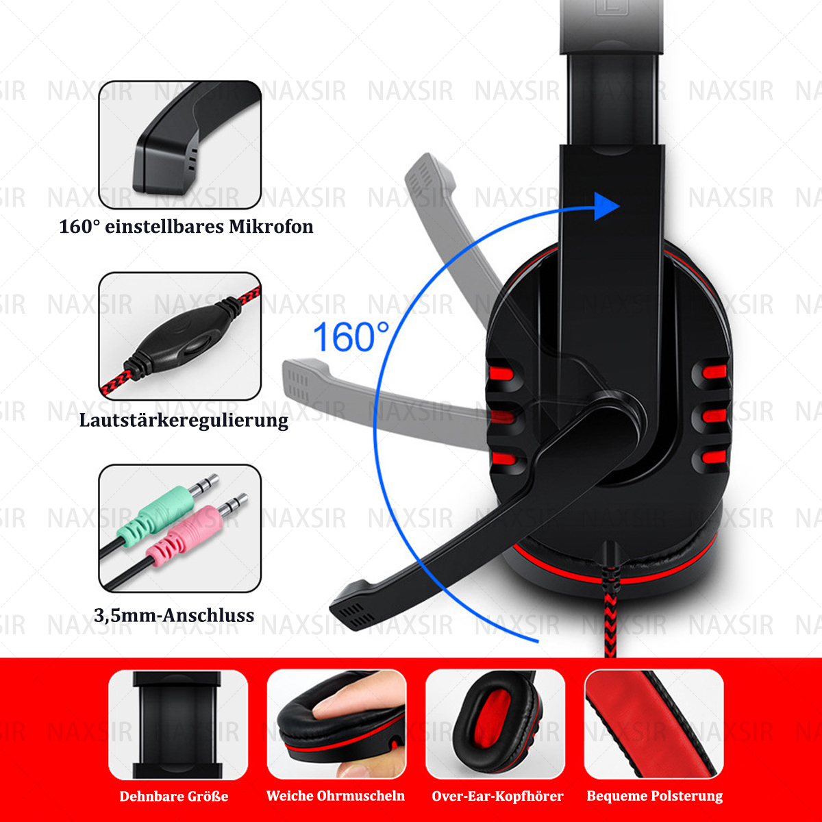 Schwarzes Headset mit verstellbarem Mikrofon und einem rot-schwarzen Kabel.