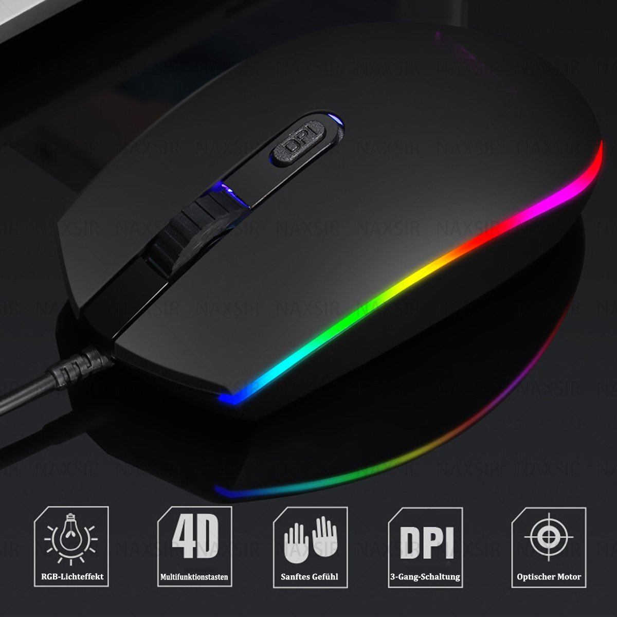 Schwarze Maus mit bunten LED-Kanten. Mit DPI-Taste und Kabel.