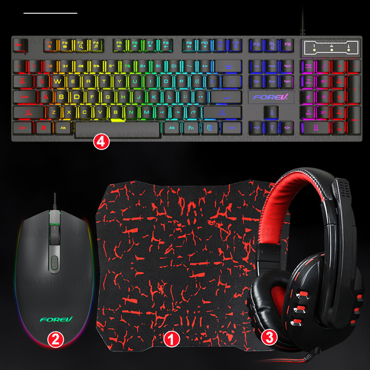 Gaming-Setup: Tastatur, Maus, Kopfhörer und Mauspad. Alles mit Licht.