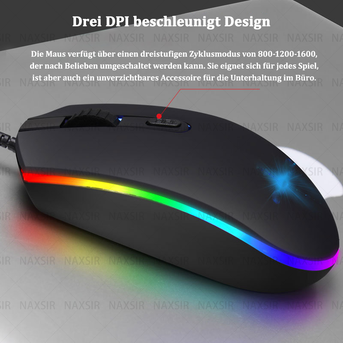Schwarze Maus mit RGB-Lichtern und einem verschwommenen Hintergrund mit Text über die Maus.