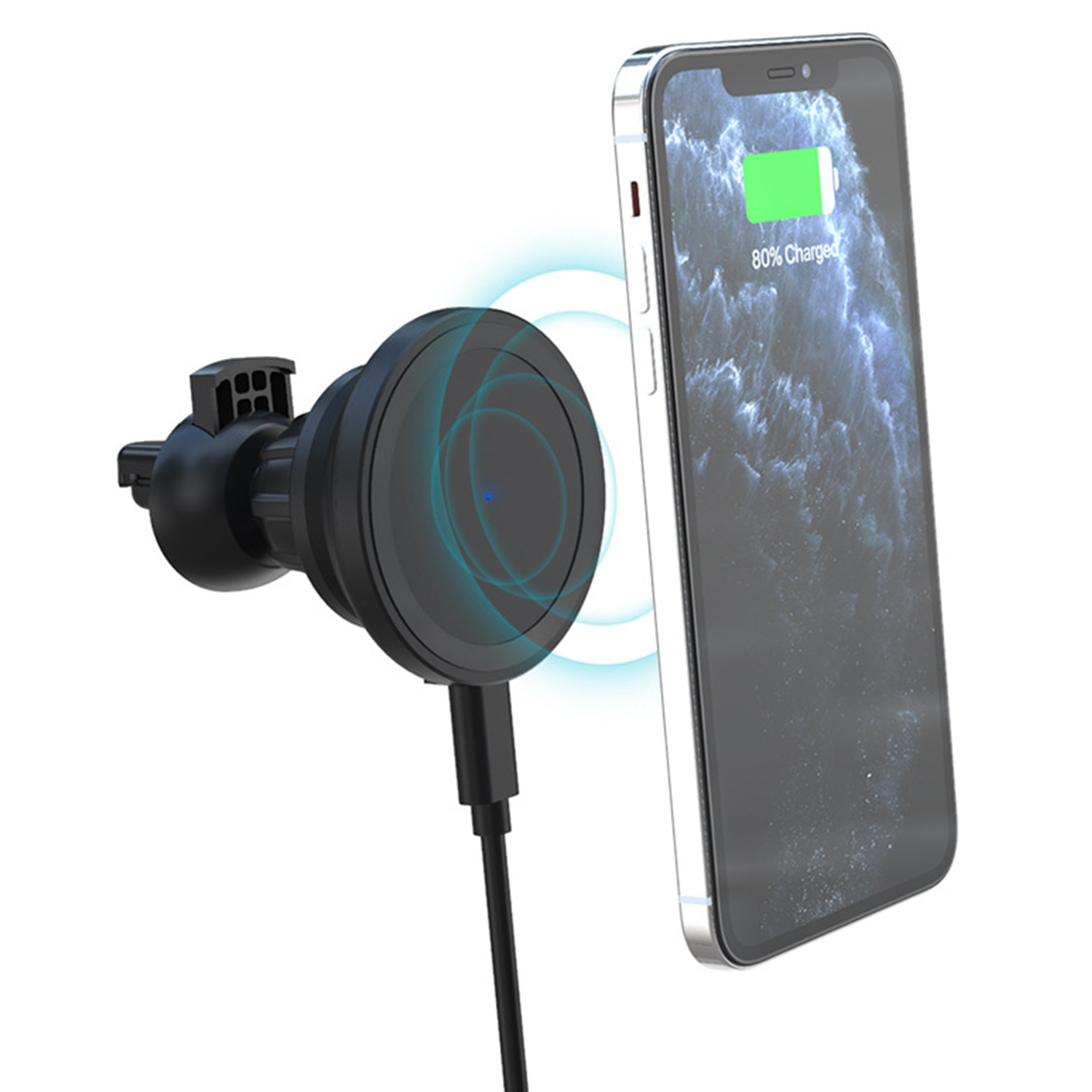 Supporto magnetico nero per telefono con ricarica wireless. Il telefono mostra 80% caricato.