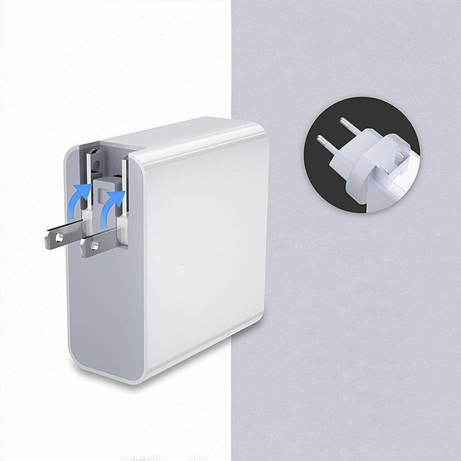 Caricatore USB bianco con spina e una visuale ravvicinata dei pin.
