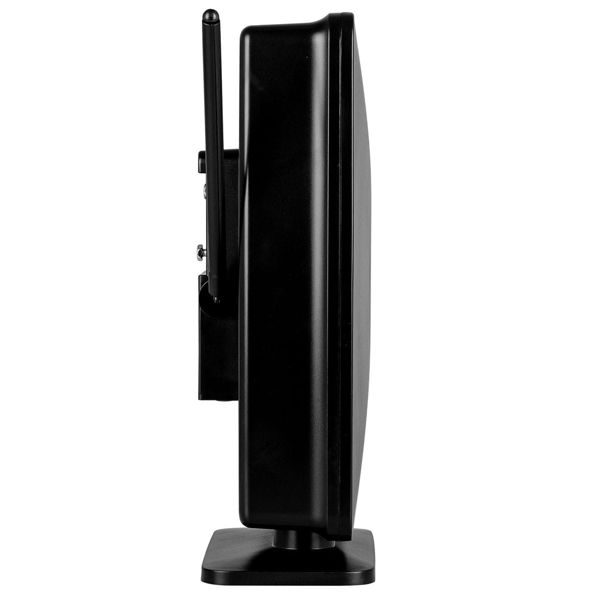 Czarna antena w widoku profilu, zamontowana na podstawie. Białe tło.