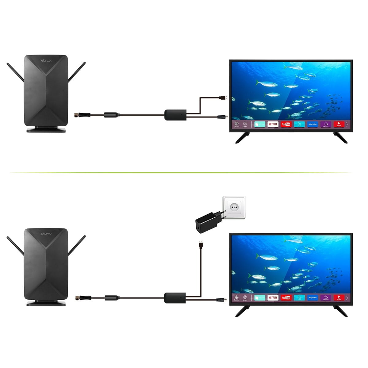 Dwa obrazy pokazują antenę TV podłączoną do telewizora. Drugi obraz pokazuje adapter w gniazdku.