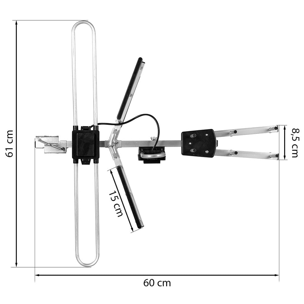Antena TV, z wymiarami. Długość: 60 cm, Wysokość: 61 cm, a szerokość anteny wynosi 8,5 cm.