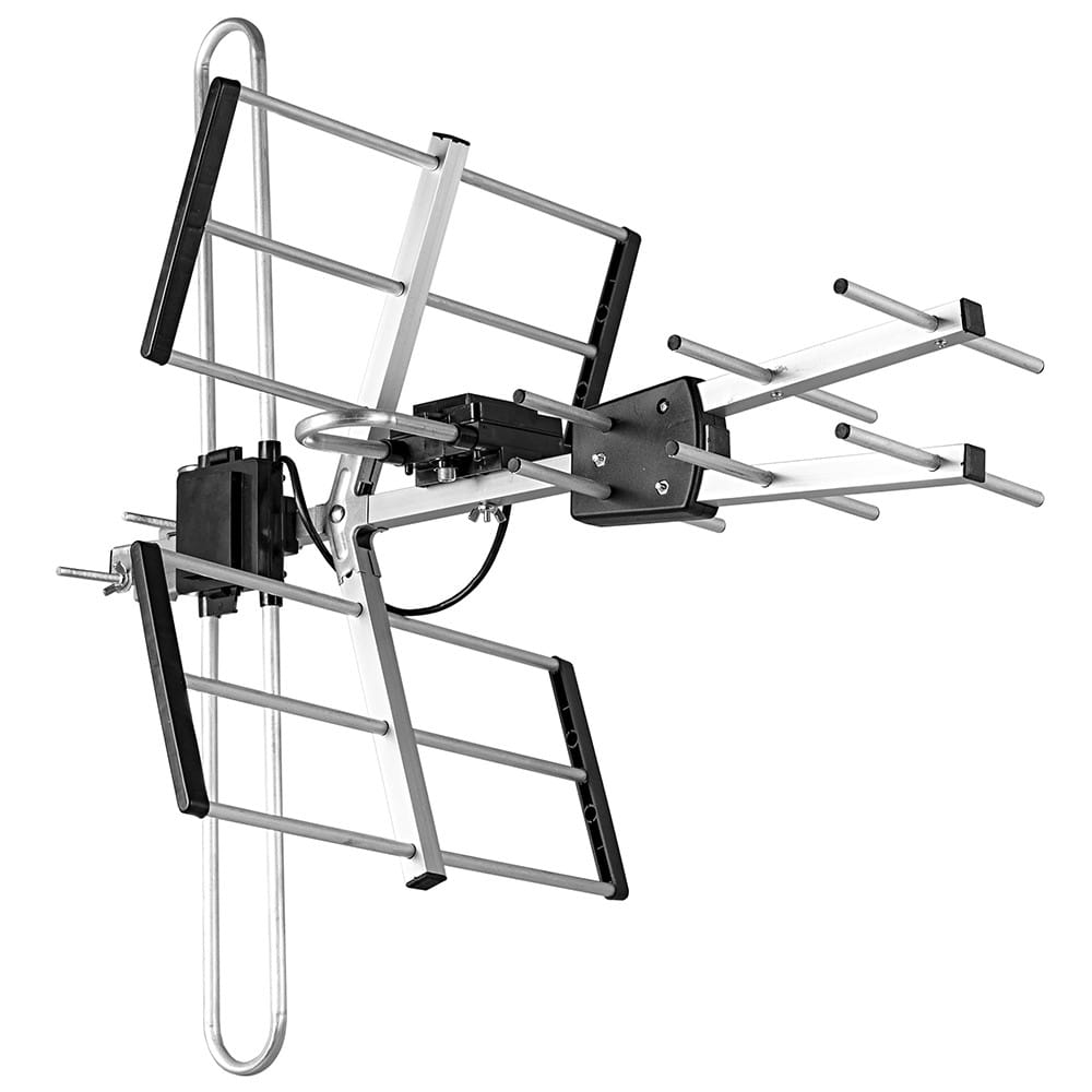 Antena telewizyjna z wieloma elementami. Jest srebrna i czarna. Posiada wspornik do montażu.