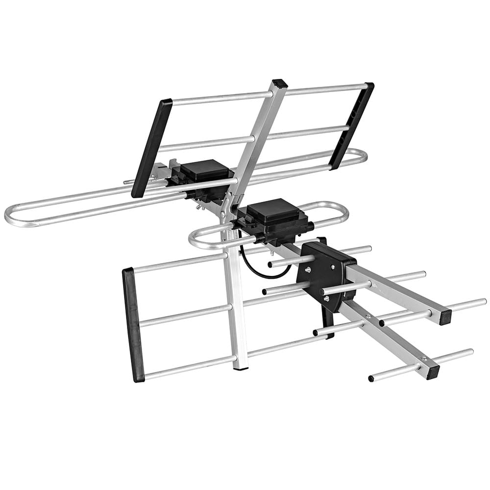 Srebrna antena TV, wiele poziomych i pionowych prętów, białe tło.