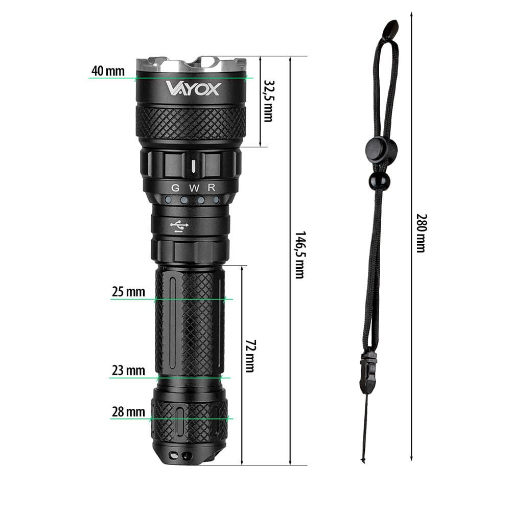 Czarna latarka z pokazanymi wymiarami. Ma etykietę VAYOX i dołączoną smycz.