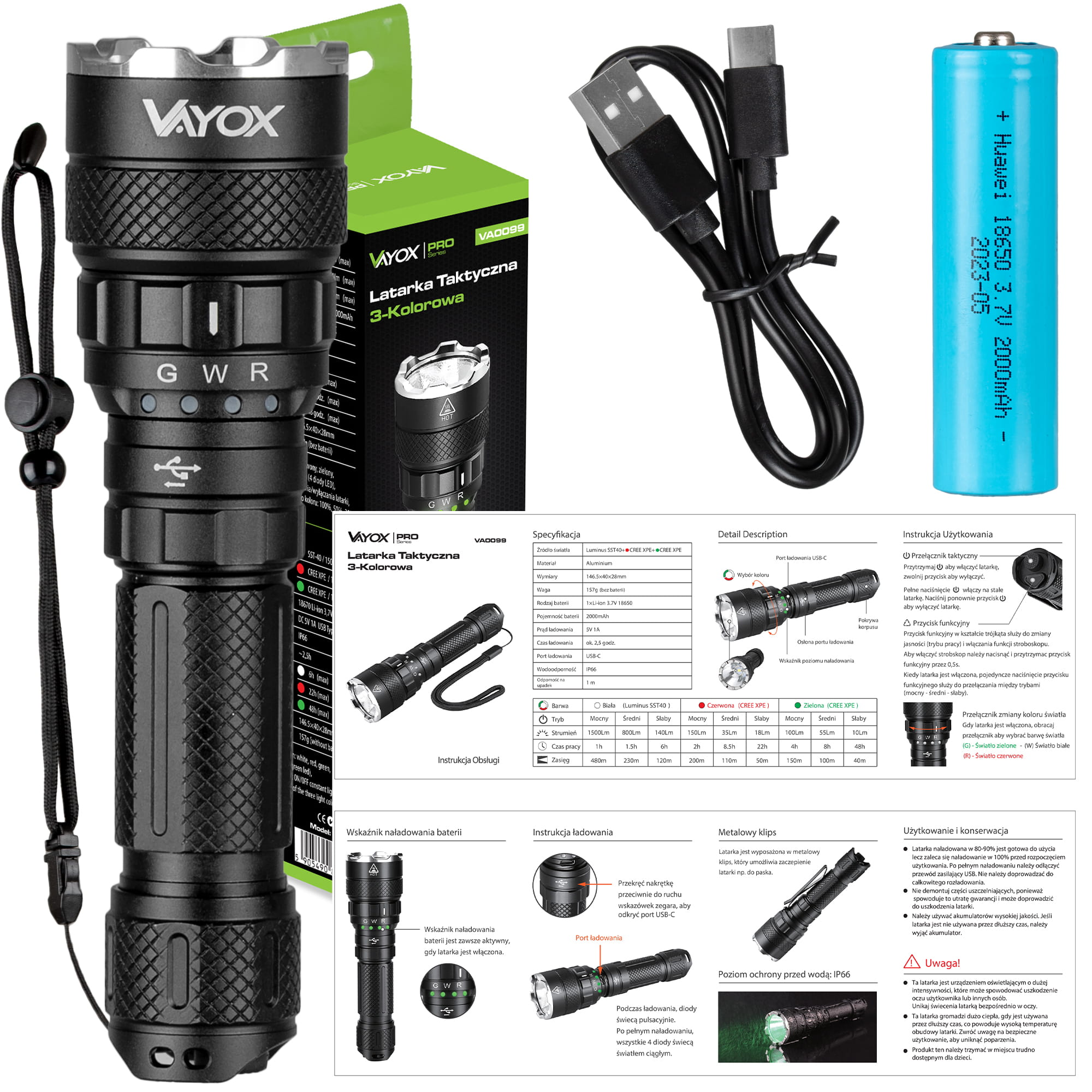 Czarna latarka, opakowanie, kabel i bateria, ze szczegółową instrukcją.