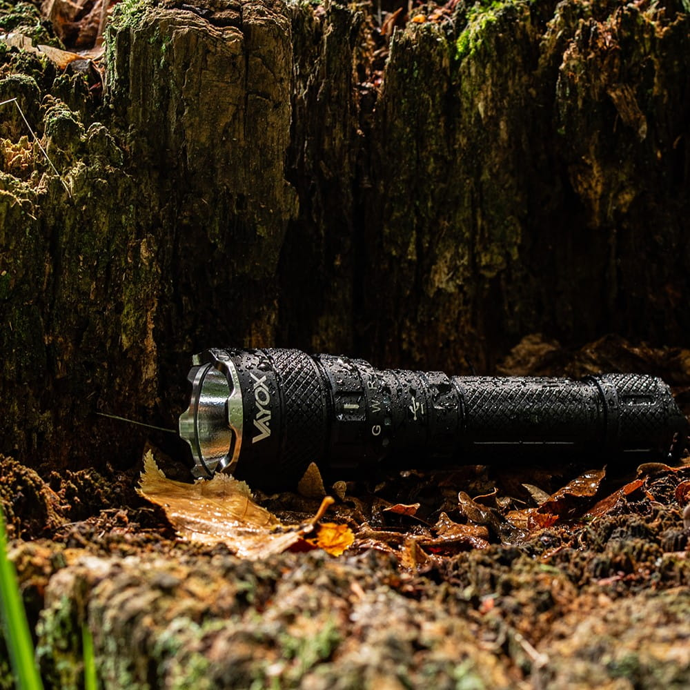 Czarna latarka spoczywa na leśnej ściółce obok pnia drzewa i opadłych liści.