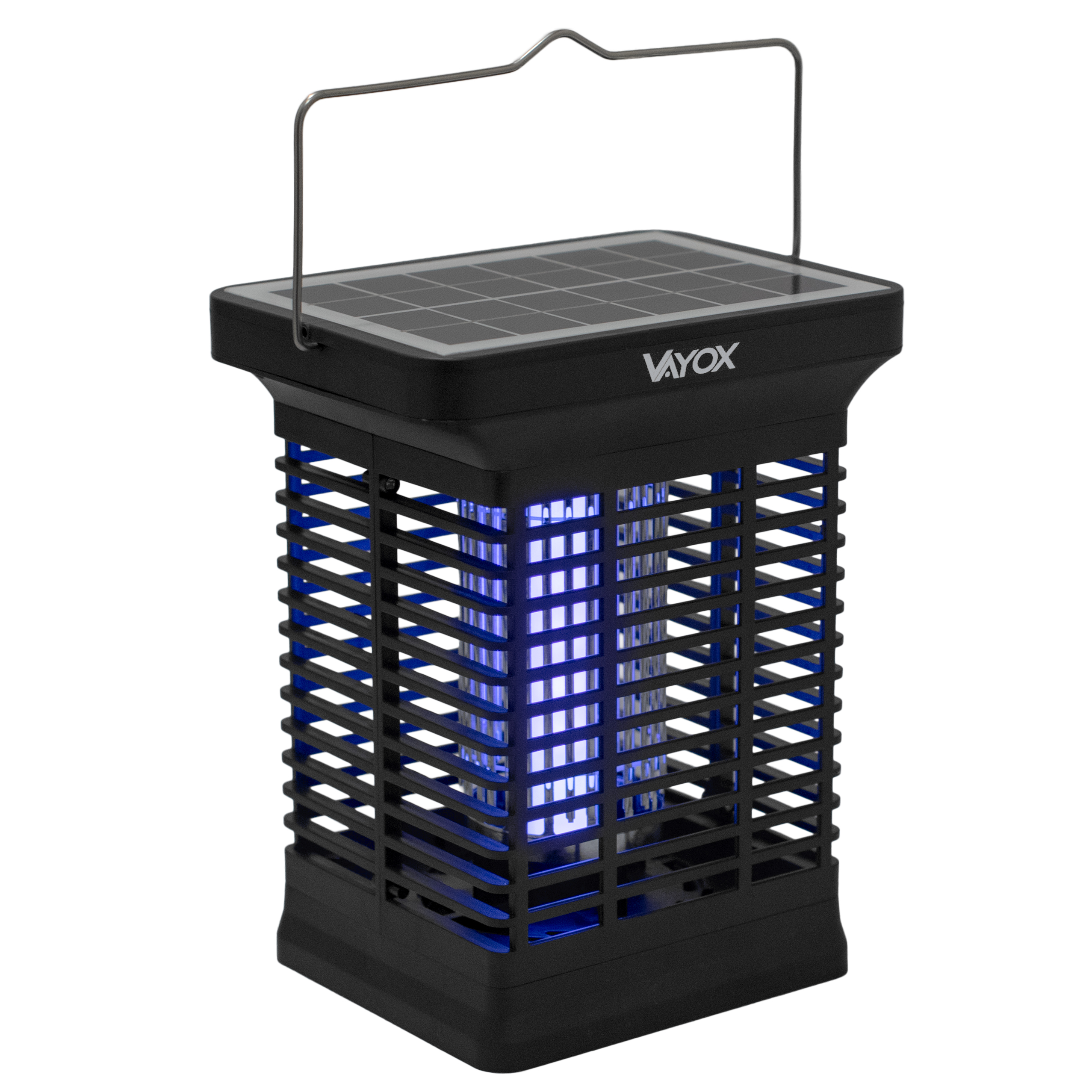 Czarny zapper na owady z niebieskim światłem i uchwytem, na białym tle.