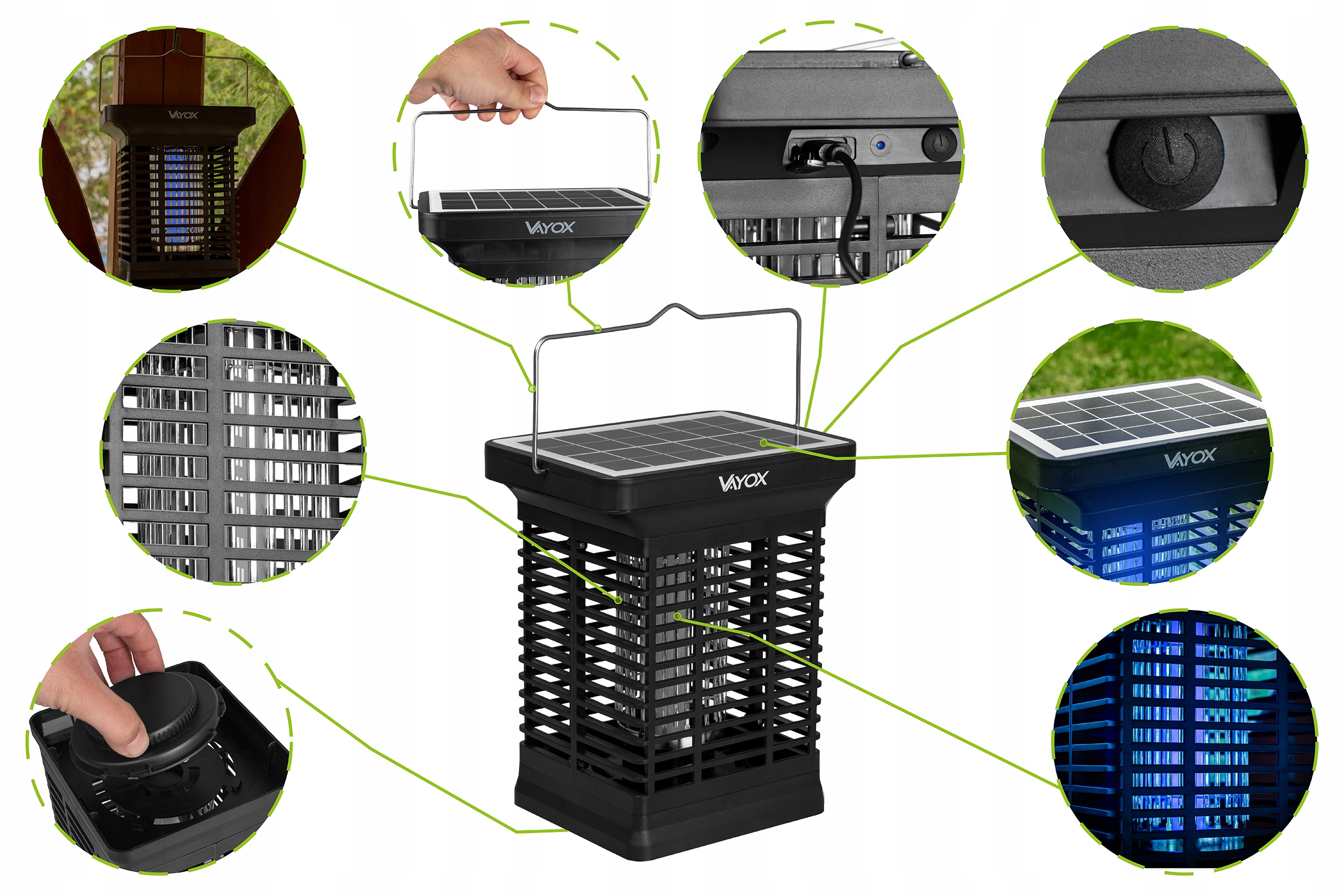 Czarny zabójca owadów zasilany energią słoneczną, z uchwytem i wieloma widokami jego części.