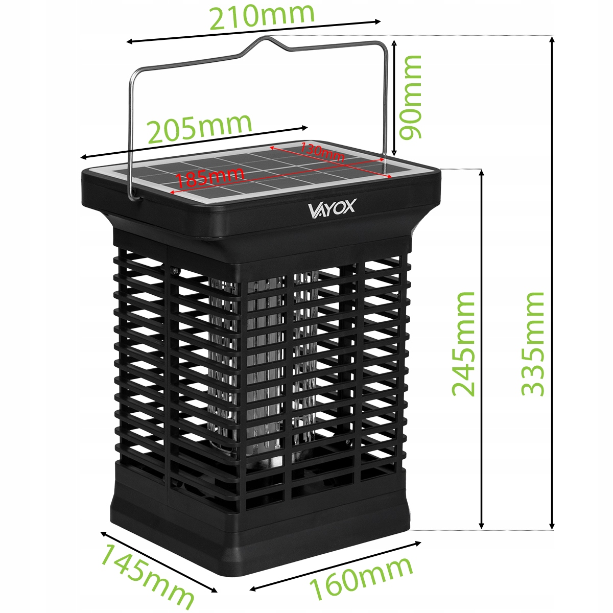 Czarny zabójca owadów zasilany energią słoneczną z wymiarami. Czarny uchwyt na górze.