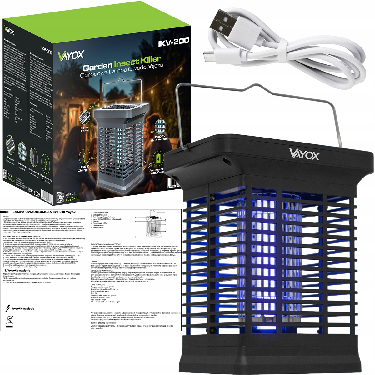 Zabójca owadów z pudełkiem, kablem USB i instrukcjami. Emituje niebieskie światło.