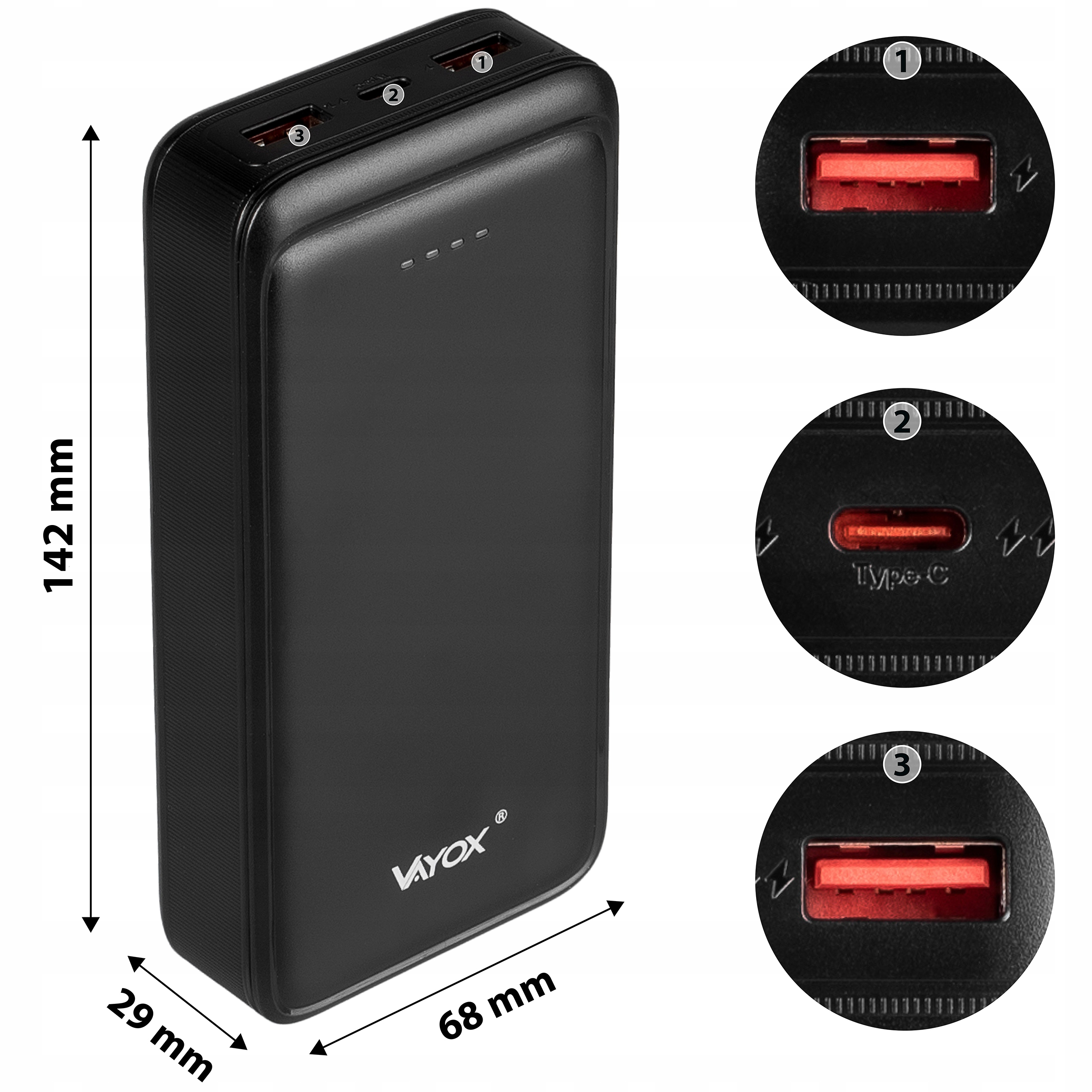Czarny power bank z portami i wymiarami, zbliżenie każdego portu.