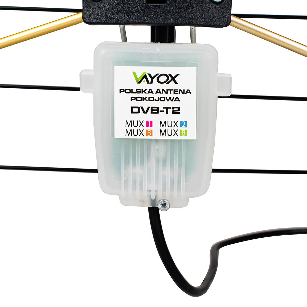 Antena wewnętrzna z etykietą DVB-T2, tekst po polsku. Czarno-biała z czarnym kablem.