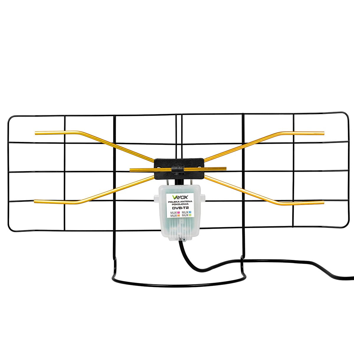 Antena TV. Czarny i złoty. Białe tło.
